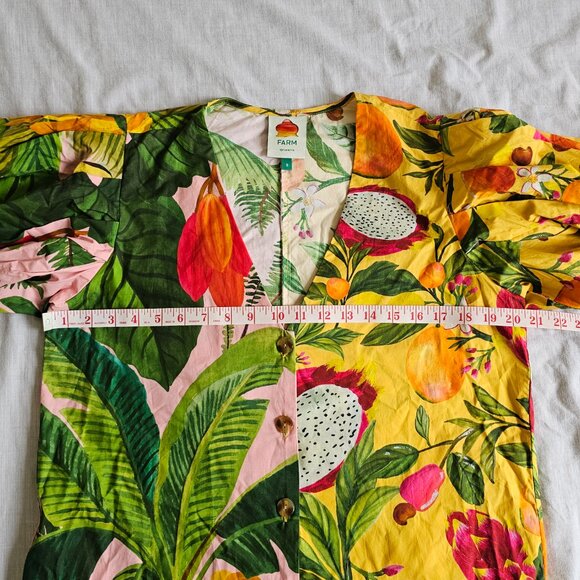 FARM Rio Fruit Print Mini Dress Puff Sleeves Cotton Yellow Pink Green Small - Picture 3 of 10